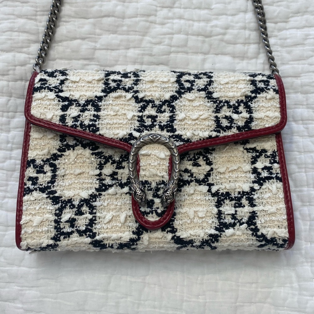 GUCCI Tweed GG Monogram Dionysus Shoulder Bag White Black Romantic Cherry